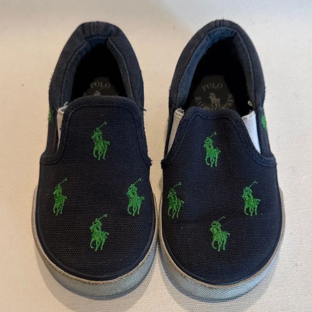Polo by Ralph Lauren Navy Canvas Slip-On Sneakers with Green Pony Embroidery